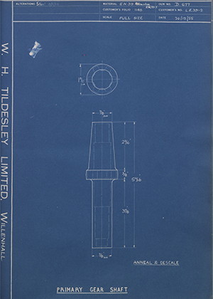 Veloce LTD LE39-2 Primary Gear Shaft WH Tildesley Forging Technical Drawing