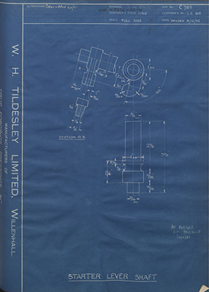 Veloce LTD LE65 Starter Lever Shaft WH Tildesley Forging Technical Drawing