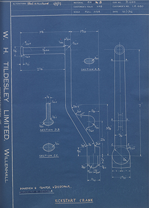 Veloce LTD LE680 Kickstart Crank WH Tildesley Forging Technical Drawing