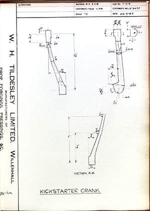 Veloce LTD LE947F Kickstarter Crank WH Tildesley Forging Technical Drawing