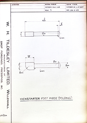 Veloce LTD LE960 Kickstarter Foot Piece (Folding) WH Tildesley Forging Technical Drawing