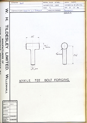 Vessa LTD B50295 Ankle Tee Bolt Forging WH Tildesley Forging Technical Drawing