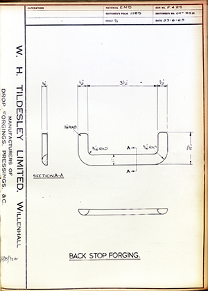 Vessa LTD ORT852 Back Stop Forging WH Tildesley Forging Technical Drawing