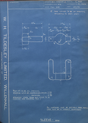 War Office FL4432 Sleeve - 6PDR WH Tildesley Forging Technical Drawing