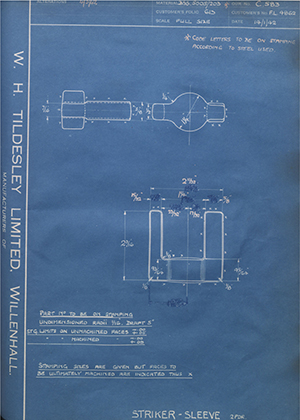 War Office FL4862 Striker Sleeve - 2 PDR WH Tildesley Forging Technical Drawing