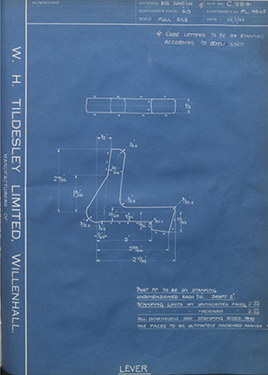 War Office FL4865 Lever WH Tildesley Forging Technical Drawing