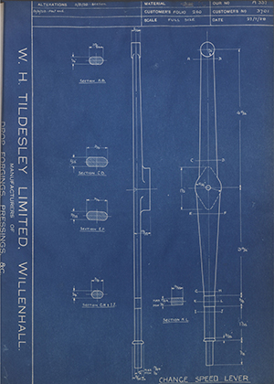 Whatton & Sons 3701 Change Speed Lever WH Tildesley Forging Technical Drawing