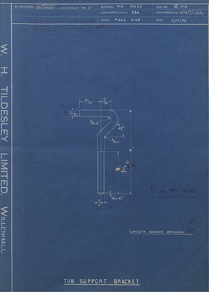 Wilkins & MItchell LTD 2/13/LC01/57057 / 2/25/502 Tub Support Bracket WH Tildesley Forging Technical Drawing