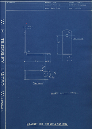 Willenhall Motor Radiator Co LTD 11K2787 Bracket for Throttle Control WH Tildesley Forging Technical Drawing