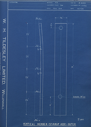 Willenhall Motor Radiator Co LTD 12596 Vertical Member - Stirrup Assembly - Outer WH Tildesley Forging Technical Drawing