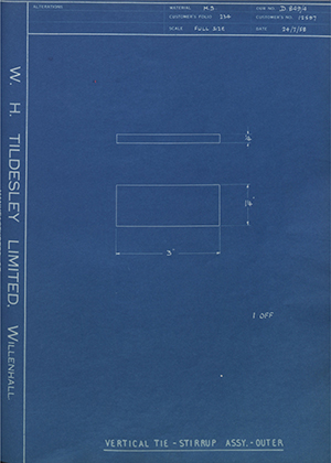 Willenhall Motor Radiator Co LTD 12597 Vertical Tie - Stirrup Assembly - Outer WH Tildesley Forging Technical Drawing