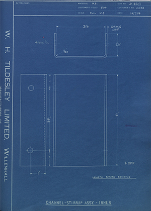 Willenhall Motor Radiator Co LTD 12598 Channel - Assembly - Inner WH Tildesley Forging Technical Drawing