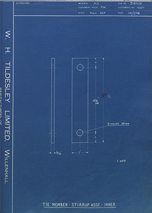 Willenhall Motor Radiator Co LTD 12601 Tie Member - Stirrup Assembly - Inner WH Tildesley Forging Technical Drawing