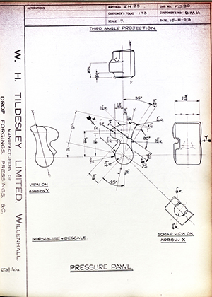 Woodhouse Brothers - William Griffin & Sons LTD 10HA44 Pressure Pawl WH Tildesley Forging Technical Drawing