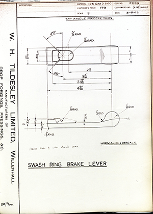 Woodhouse Brothers - William Griffin & Sons LTD 115 / 10HA103 Swash Ring Brake Lever WH Tildesley Forging Technical Drawing