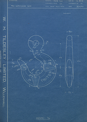 Woodhouse Brothers - William Griffin & Sons LTD 12 Hook - 3/4" WH Tildesley Forging Technical Drawing