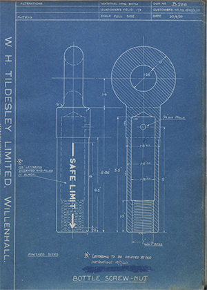 Woodhouse Brothers - William Griffin & Sons LTD 1840/3/10 Bottle Screw Nut WH Tildesley Forging Technical Drawing