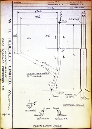 Woodhouse Brothers - William Griffin & Sons LTD 221 Pliers Lever Handle WH Tildesley Forging Technical Drawing