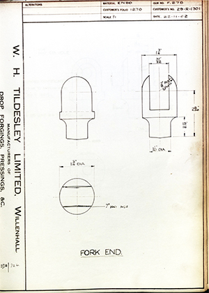 Woodhouse Brothers - William Griffin & Sons LTD 29-R-1301 Fork End WH Tildesley Forging Technical Drawing