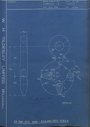 Woodhouse Brothers - William Griffin &amp; Sons LTD  3/4 Ton - Eye Hook - BS 482/1950 Table 6 WH Tildesley Forging Technical Drawing