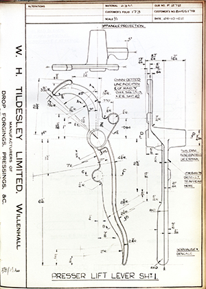 Woodhouse Brothers - William Griffin & Sons LTD BHSS178 Presser Lift Lever SHT1 WH Tildesley Forging Technical Drawing