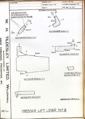 Woodhouse Brothers - William Griffin & Sons LTD BHSS178 Presser Lift Lever SHT2 WH Tildesley Forging Technical Drawing