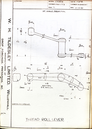 Woodhouse Brothers - William Griffin & Sons LTD BHSS287 Thread Roll Lever WH Tildesley Forging Technical Drawing