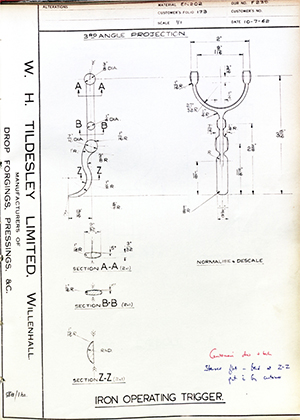 Woodhouse Brothers - William Griffin & Sons LTD  Iron Operating Trigger WH Tildesley Forging Technical Drawing