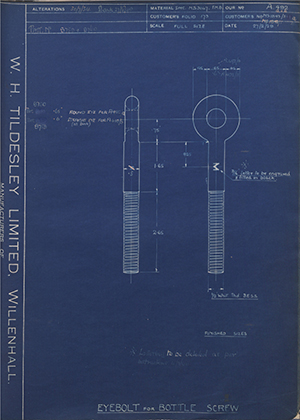 Woodhouse Brothers - William Griffin & Sons LTD MS143/3 / MS1843/1 Eyebolt for Bottle Screw WH Tildesley Forging Technical Drawing