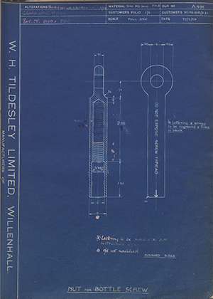 Woodhouse Brothers - William Griffin & Sons LTD MS1843/3 & 1 Nut for Bottle Screw WH Tildesley Forging Technical Drawing