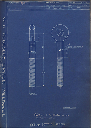 Woodhouse Brothers - William Griffin & Sons LTD MS1852/1 Eye for Bottle Screw WH Tildesley Forging Technical Drawing