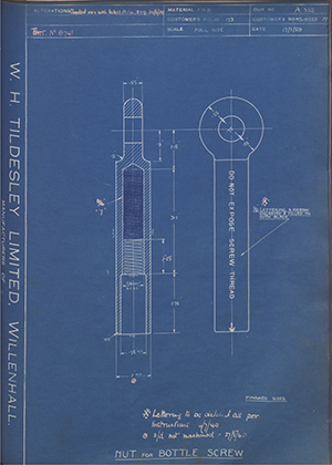 Woodhouse Brothers - William Griffin & Sons LTD MS1852/1 Nut for Bottle Screw WH Tildesley Forging Technical Drawing