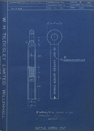 Woodhouse Brothers - William Griffin & Sons LTD MS1854/1/8 Bottle Screw - Nut WH Tildesley Forging Technical Drawing