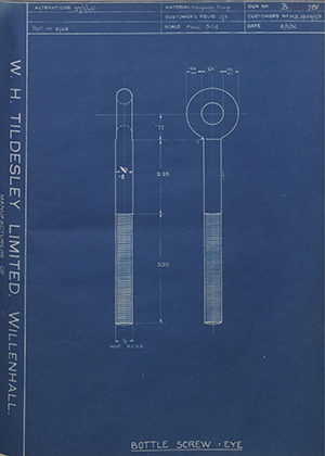 Woodhouse Brothers - William Griffin & Sons LTD MS1854/1/9 Bottle Screw - Eye WH Tildesley Forging Technical Drawing