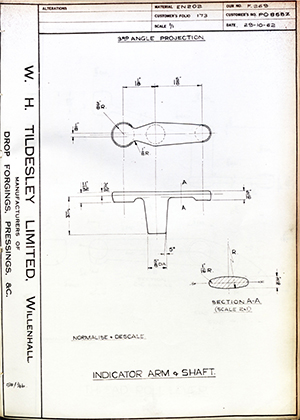 Woodhouse Brothers - William Griffin & Sons LTD PO858Z Indicator Arm & Shaft WH Tildesley Forging Technical Drawing