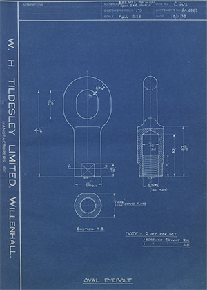 Woodhouse Brothers - William Griffin & Sons LTD SA038/2 Oval Eyebolt WH Tildesley Forging Technical Drawing