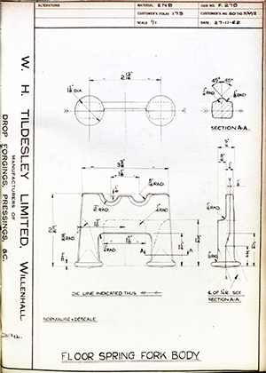 Woodhouse Brothers - William Griffin & Sons LTD SD763/M/2 Floor Spring Fork Body WH Tildesley Forging Technical Drawing