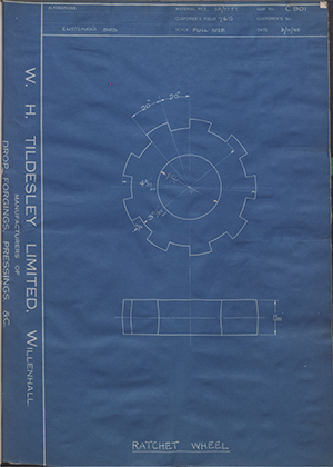 Youngs (Lifting Appliances) LTD  Ratchet Wheel WH Tildesley Forging Technical Drawing